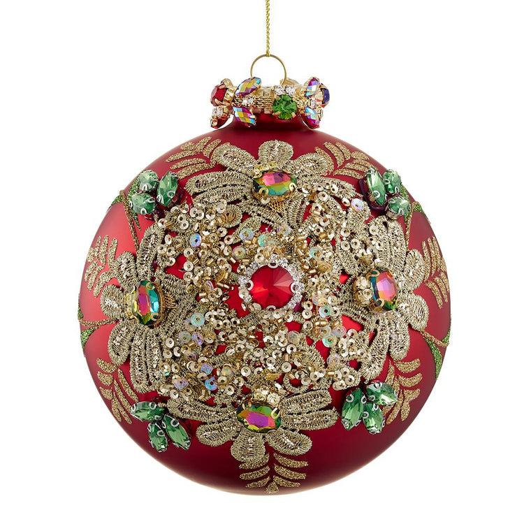 4.5-inch red glass ball ornament with gold embroidery, sequins, and colorful gemstone accents.