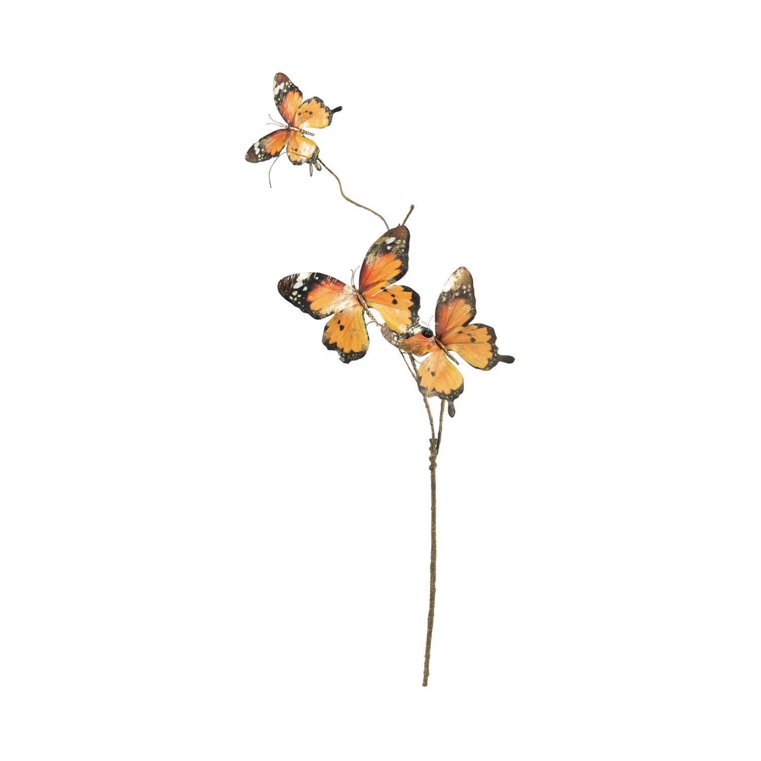 Faux butterfly stem with three orange and brushed gold butterflies on a brown branch.
