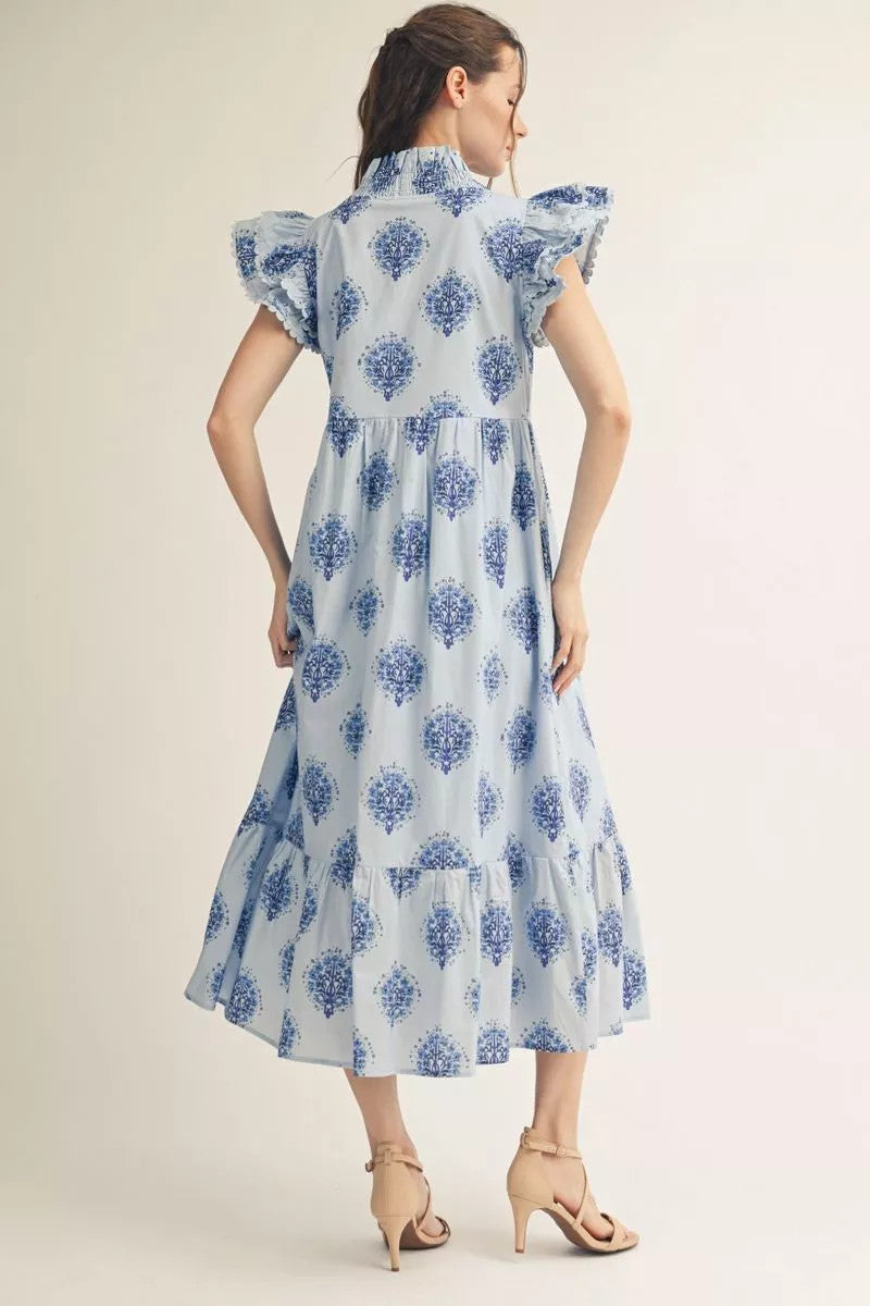 Ellie Layered Ruffle Cap Sleeves Floral Midi Dress