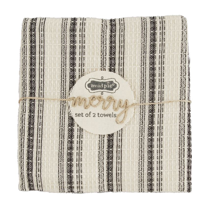 Black cotton waffle weave dishtowel with a subtle stripe pattern.