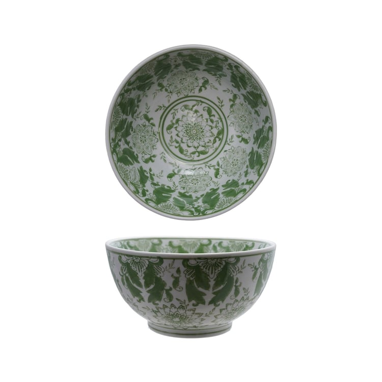 10-inch round white stoneware bowl with green floral patterns, shown from top and side views.