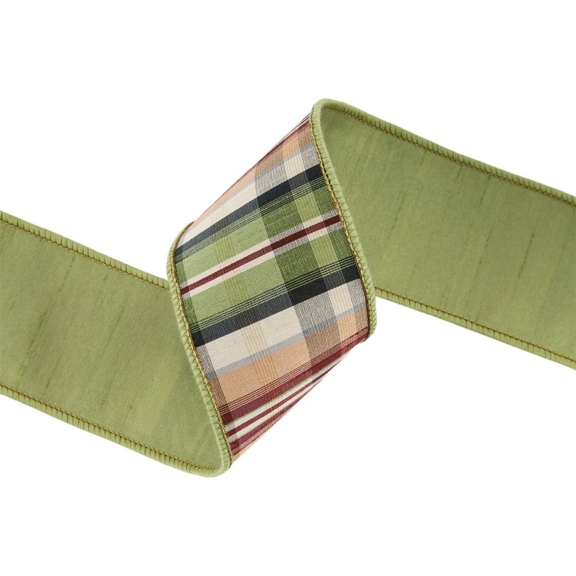 2 1/2 inch wired ribbon featuring a green and tan plaid pattern with a solid green dupioni backing.