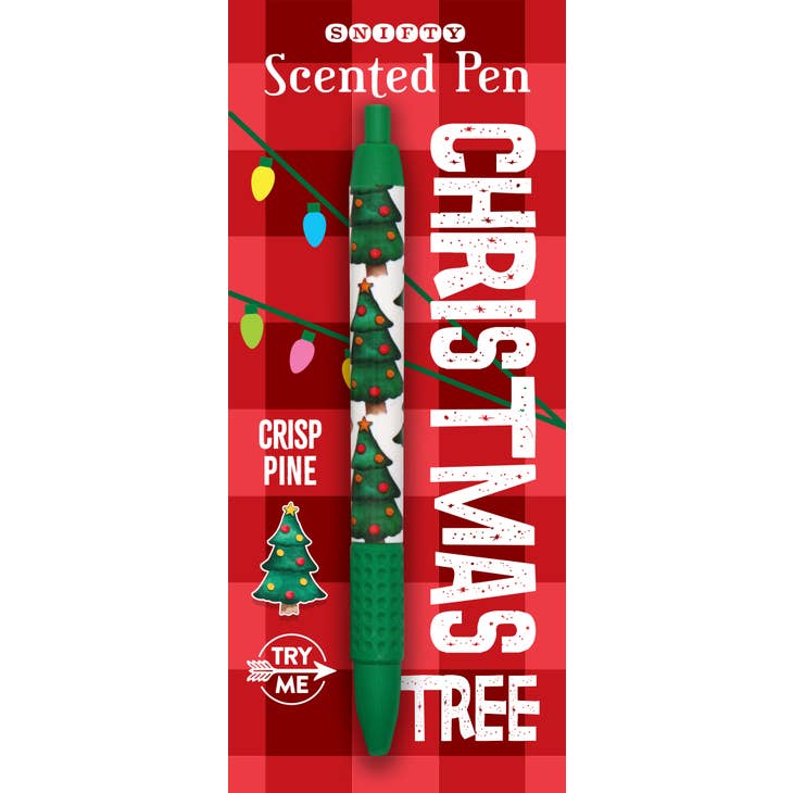 Black retractable pen with Christmas tree scented grip and tip.