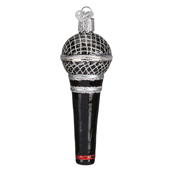 Black and silver glittered glass microphone Christmas ornament with a heart-shaped metal tag.