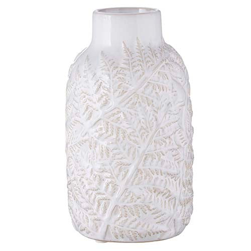 White ceramic vase with leaf embossed texture, measuring 10 inches tall.
