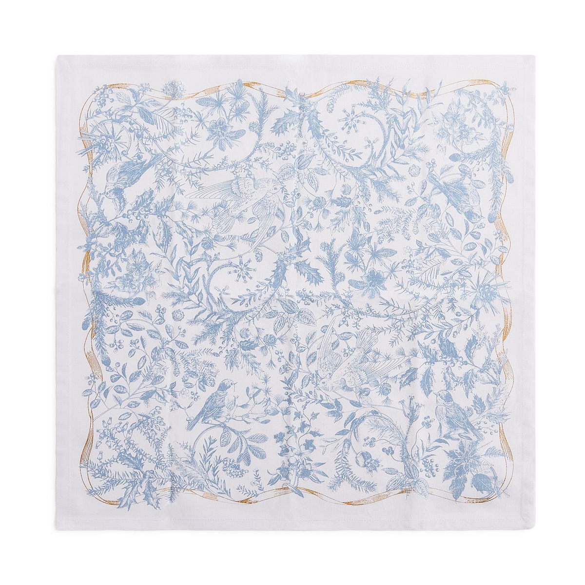White cotton cloth napkin with a blue botanical and bird motif and a gilded wavy border.