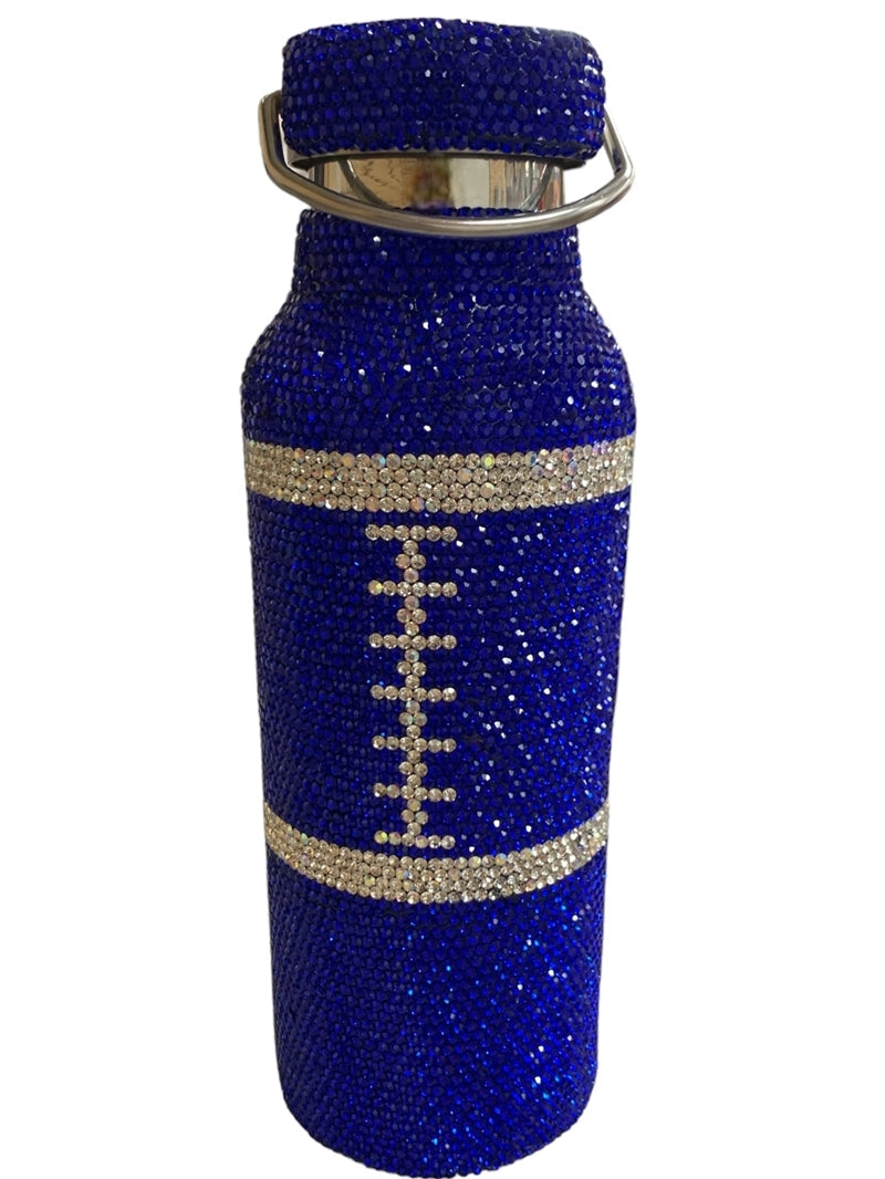 Blue rhinestone water bottle with white crystal football laces and stripes.