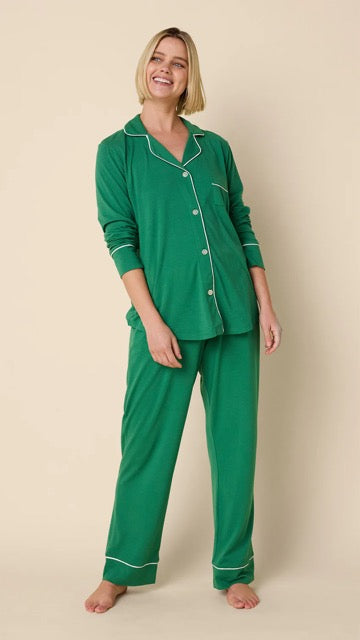 Lucia Classic Pima knit long-sleeved pajama top in soft neutral tone with contrast piping.