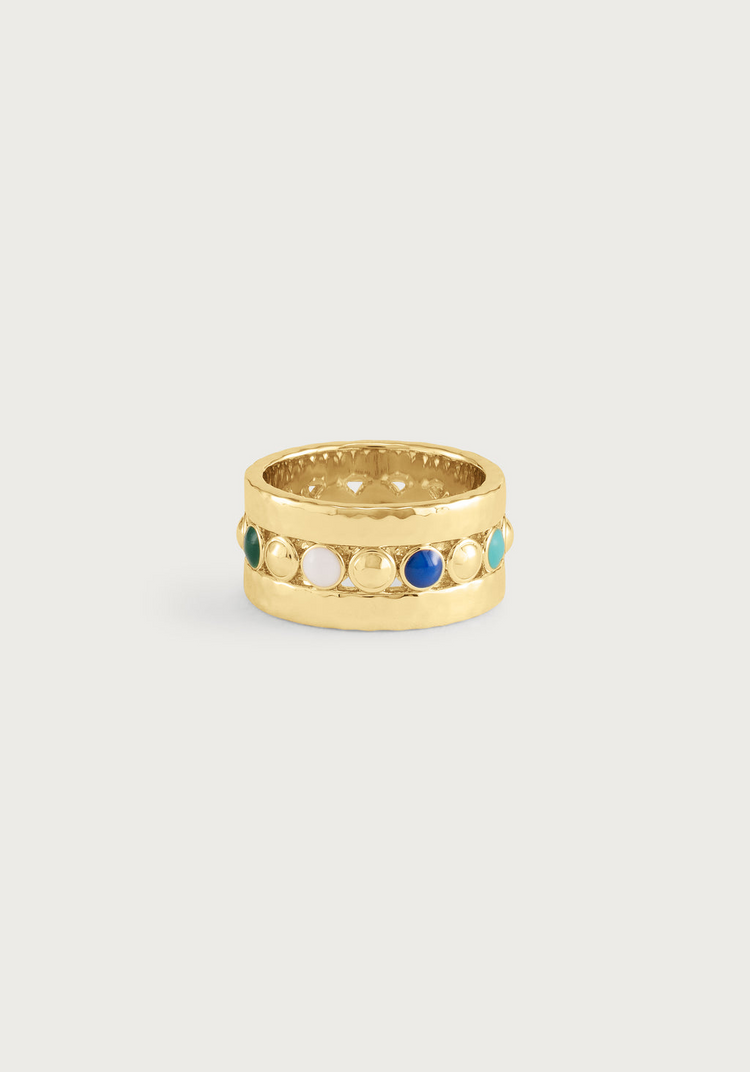 Milos Multicolor Ring in 18K gold plated brass with vibrant enamel dots on a wide band.