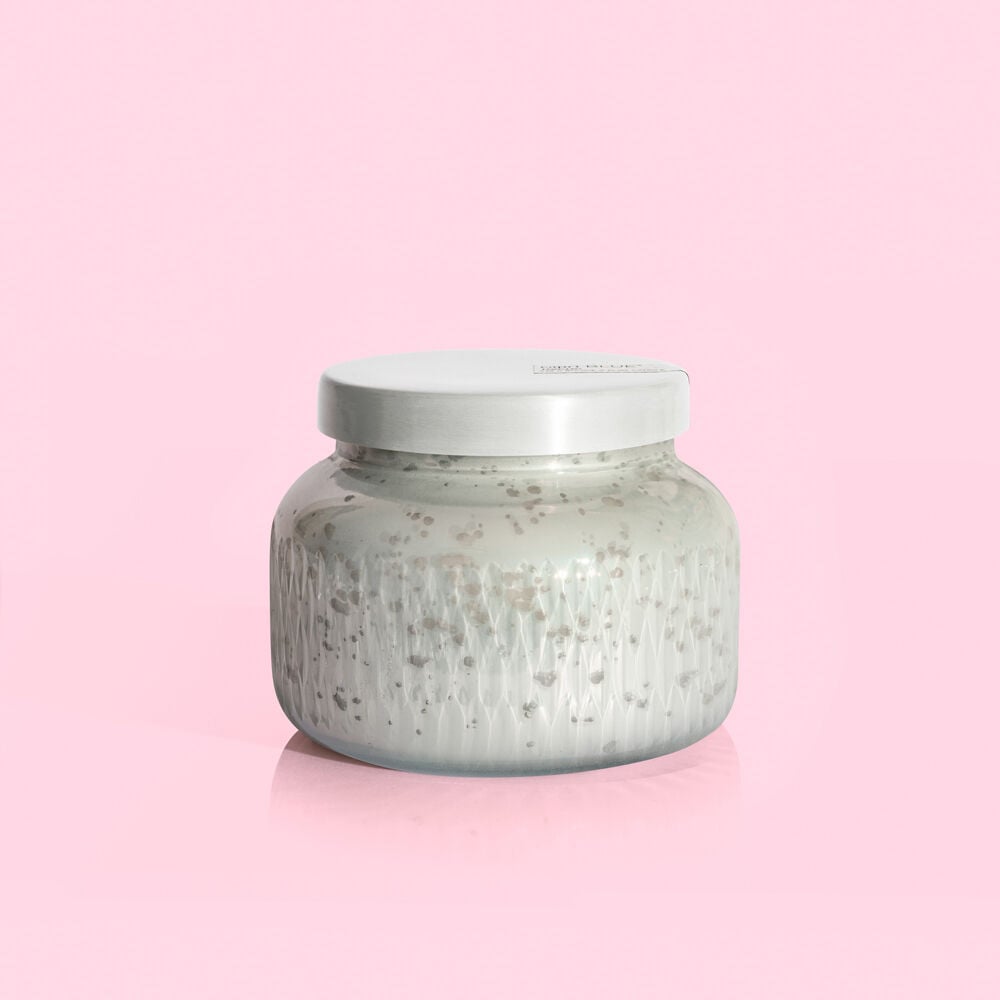 White Volcano Signature jar candle with etched mercury glass finish
