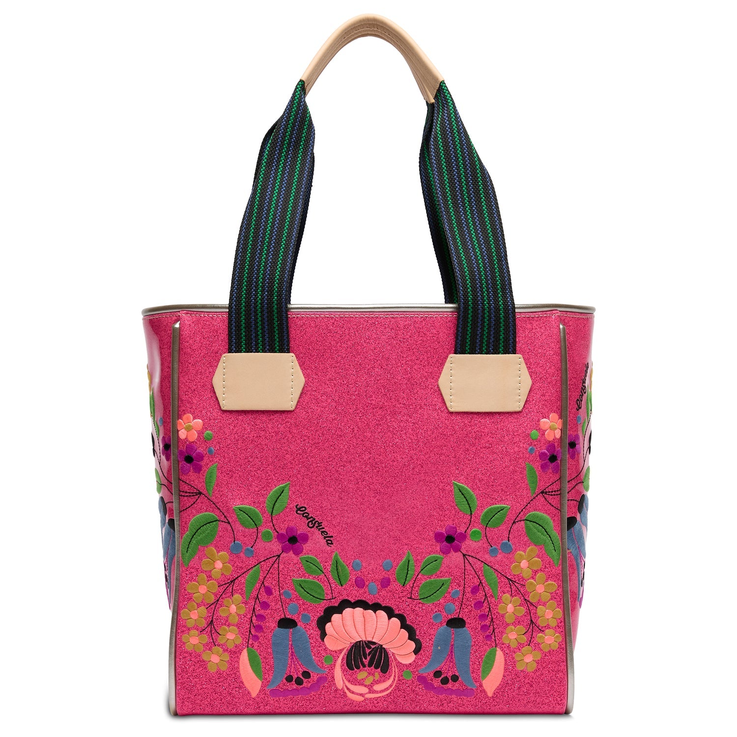 Ivy Classic Tote in hot pink glitter with floral embroidery and natural leather trim