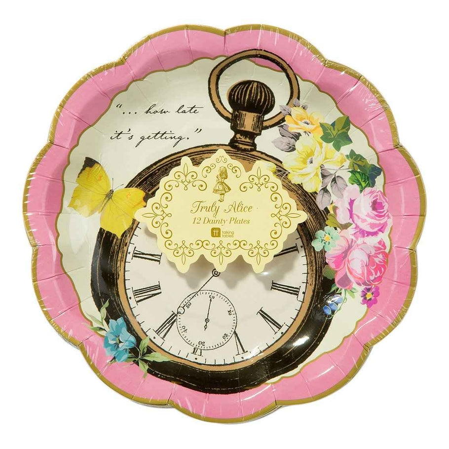 Small white ceramic plate featuring an Alice in Wonderland illustration with a whimsical silhouette.