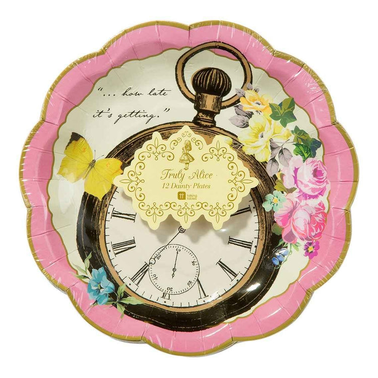 Small white ceramic plate featuring an Alice in Wonderland illustration with a whimsical silhouette.
