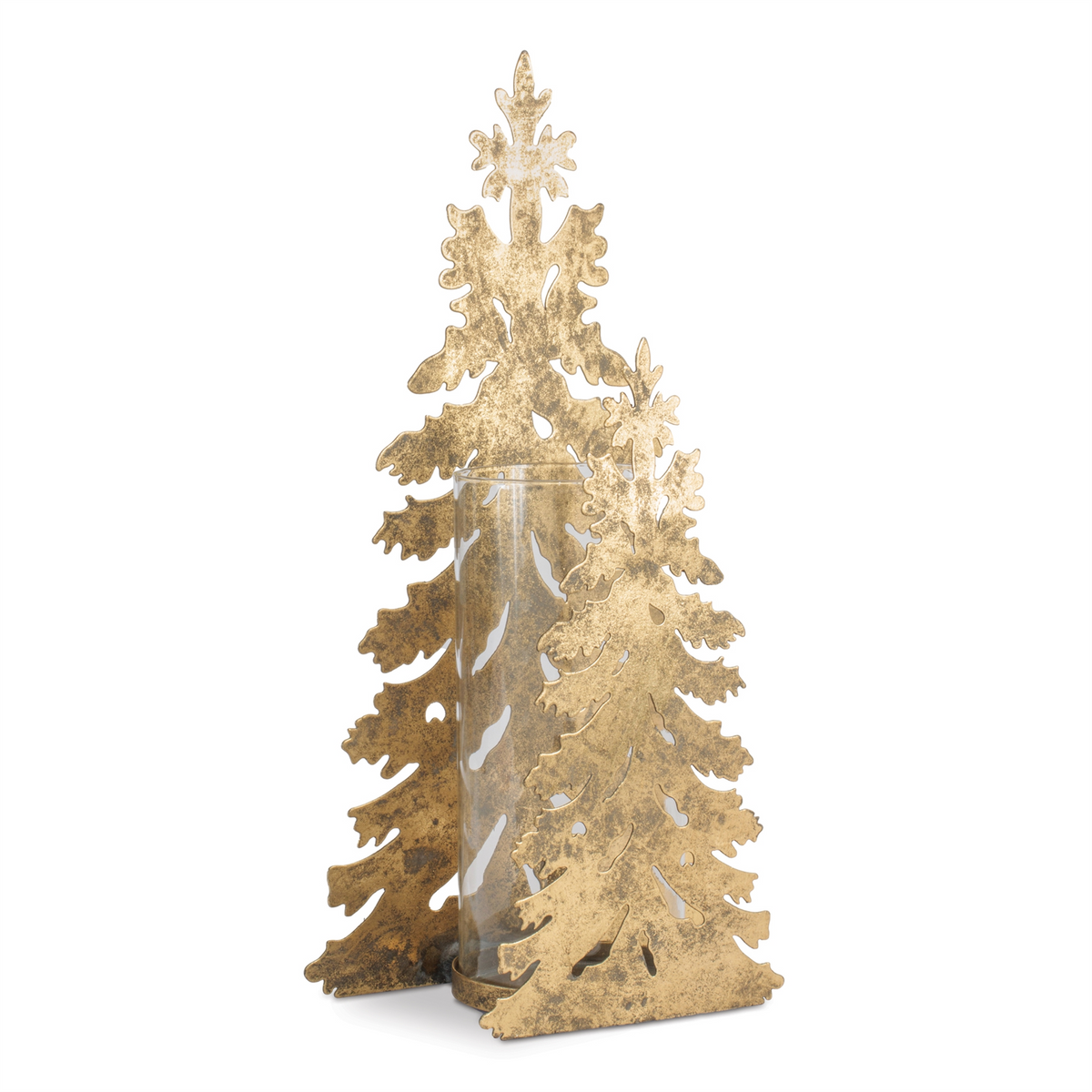 Gold metal tree candle holder with two silhouette pine trees and a central glass sleeve.