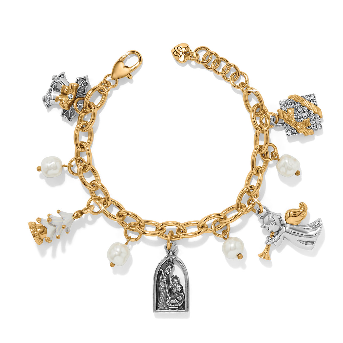 Adjustable two-tone silver-gold charm bracelet featuring fine crystals, enamel accents, and rice pearls.