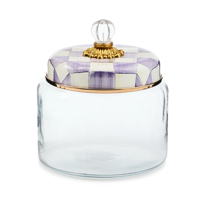 Violet check medium kitchen canister with a cylindrical silhouette
