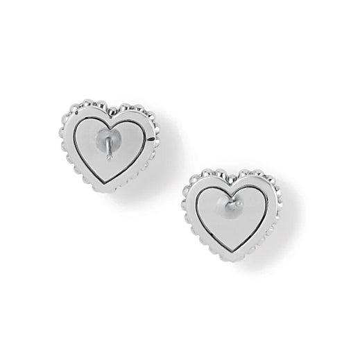 Silver plated Pretty Tough Petite Heart Post Earrings with beaded edges and flat disc backs.