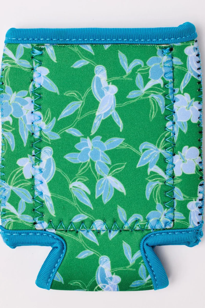 Green Tiki Tropics can cooler koozie with blue floral and bird patterns and a card holder slot.