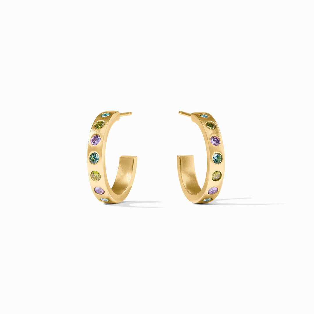 Pair of 24K gold-plated Rainbow Hoop earrings with multi-colored cubic zirconia stones.