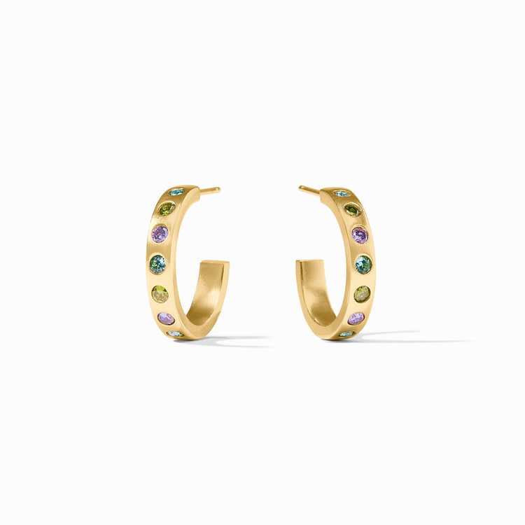 Pair of 24K gold-plated Rainbow Hoop earrings with multi-colored cubic zirconia stones.