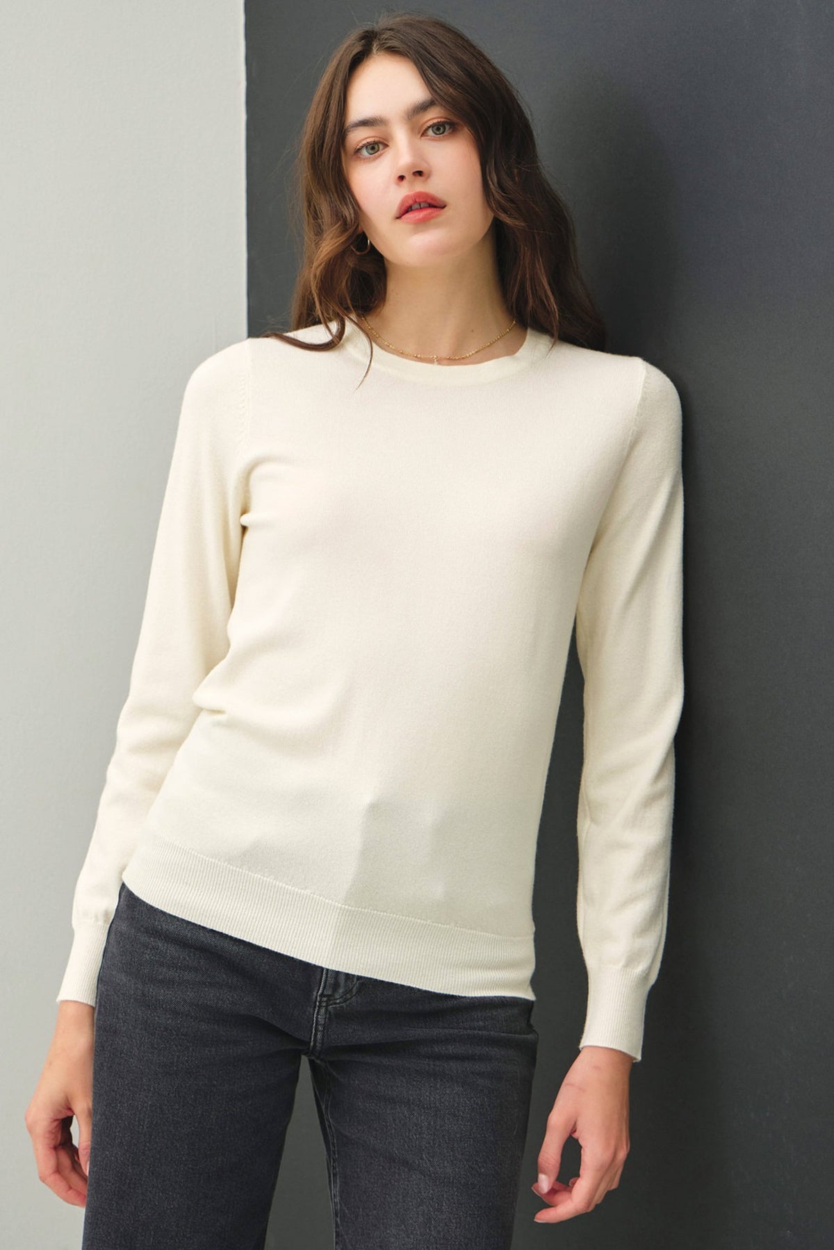 Relaxed fit Harper crew neck sweater in soft viscose knit with ribbed cuffs and hem.