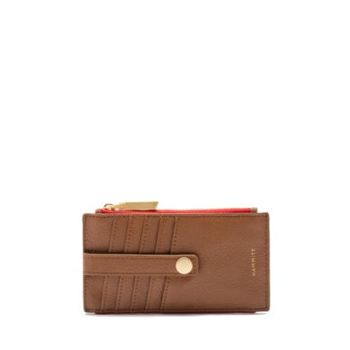 Brown leather wallet with snap closure, zipper pocket, and multiple credit card slots.