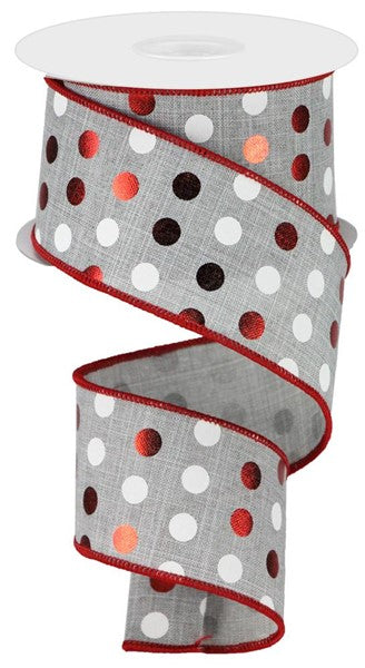 Gray polyester ribbon with white and metallic red polka dots and a red stitched edge.
