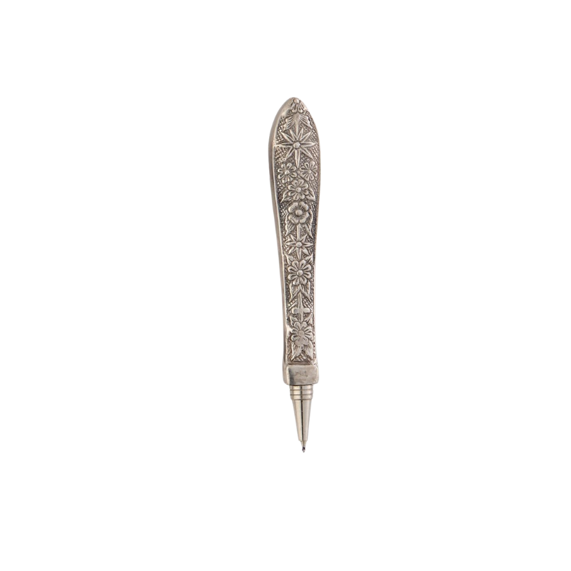 Victorian-style silver-plated brass pen with an ornate floral knife handle design.
