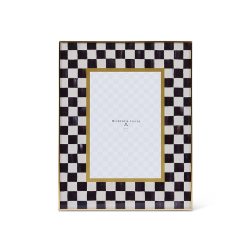 Check 4” X 6” glass picture frame with black and white checkered pattern and brass edges.