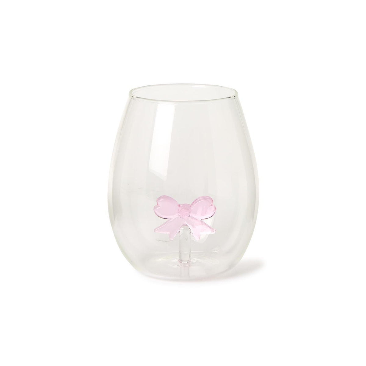 Clear stemless wine glass featuring a small pink 3D glass bow attached to the inside bottom.
