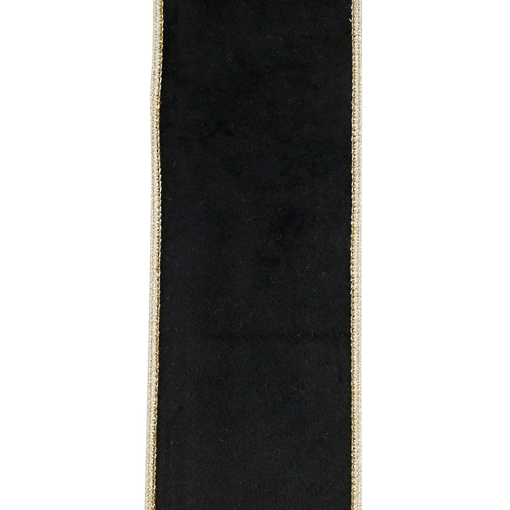 2.5 inch black velvet wired edge ribbon with metallic gold dupioni backing.