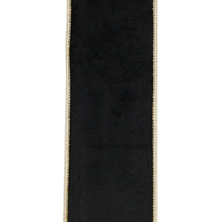 2.5 inch black velvet wired edge ribbon with metallic gold dupioni backing.
