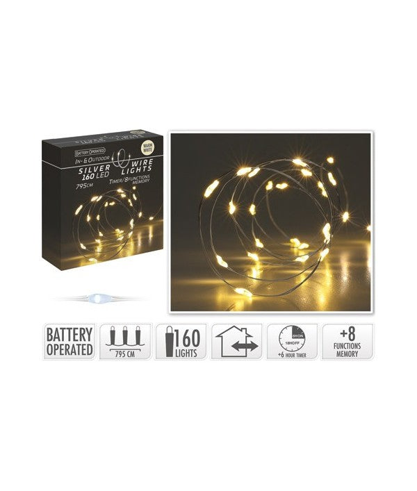 Silver Wire 160 LED Warm White Lights box and product display with 795cm length and 8 functions.