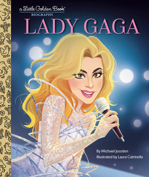 Lady Gaga biography hardcover book with gold foil lettering on a black cover.