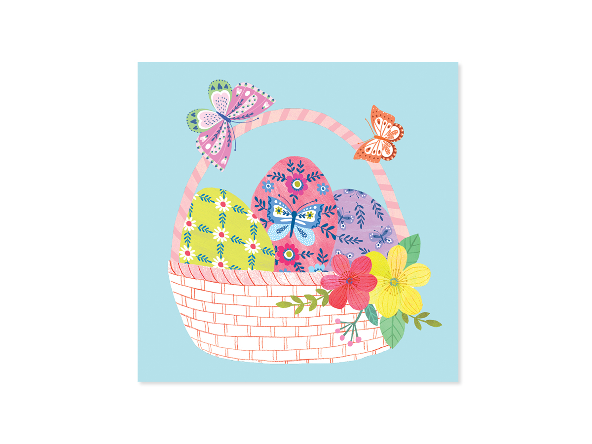 White envelope card with blue bow featuring a basket filled with colorful Easter eggs.
