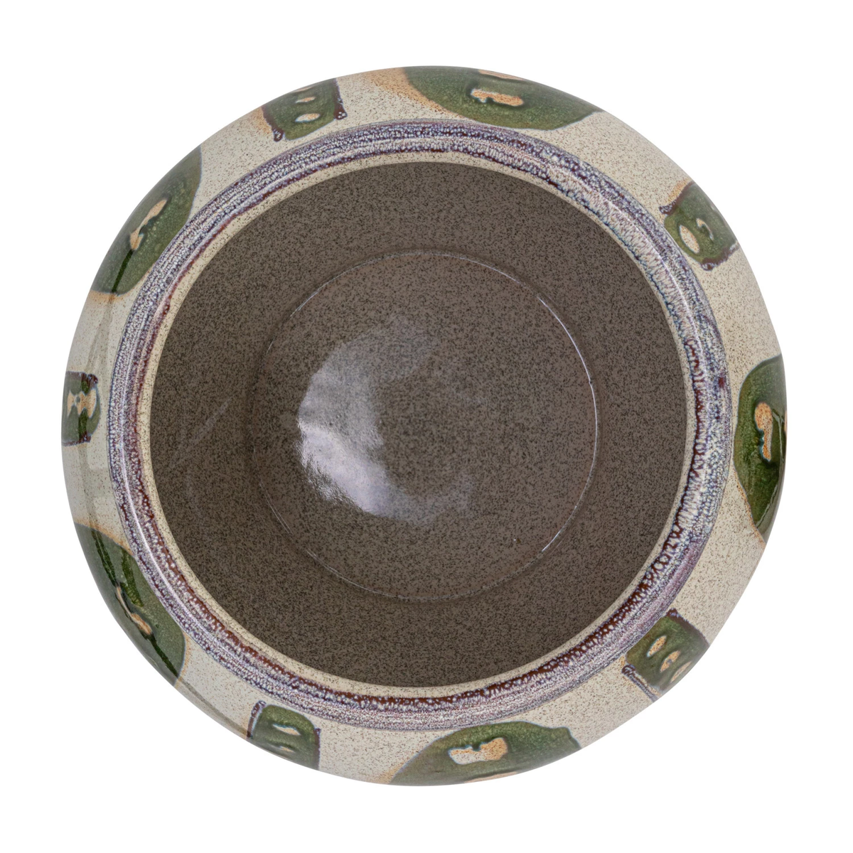 Top view of a round stoneware vase with a reactive glaze in green, cream, and brown tones.