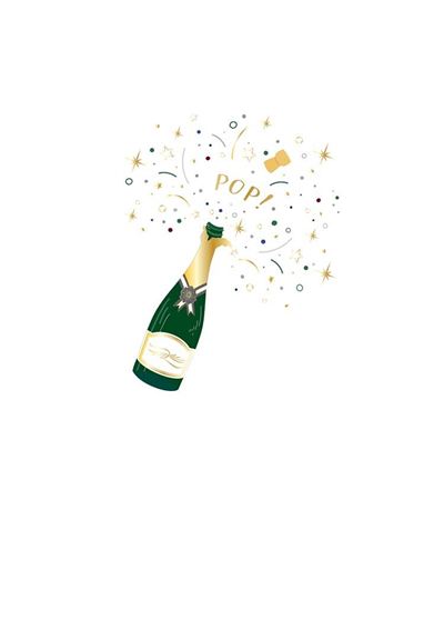 Green champagne bottle with a gold foil "POP!" and confetti bursting out. A greeting card.