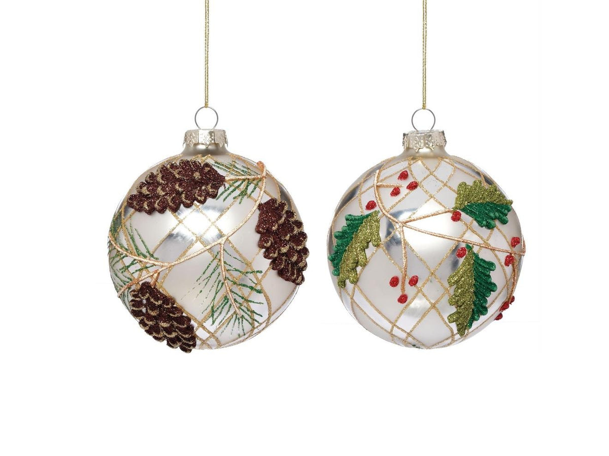 100mm champagne glass ball ornaments with glitter pinecones or holly leaves and berries.