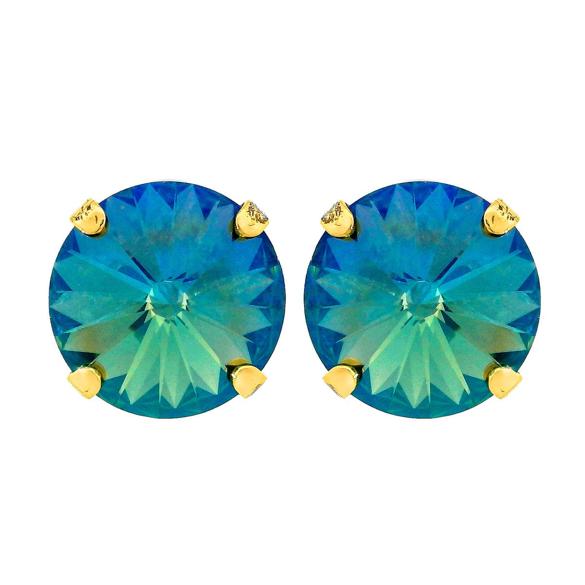 Antique gold-plated stud earrings with large round crystals on surgical steel posts