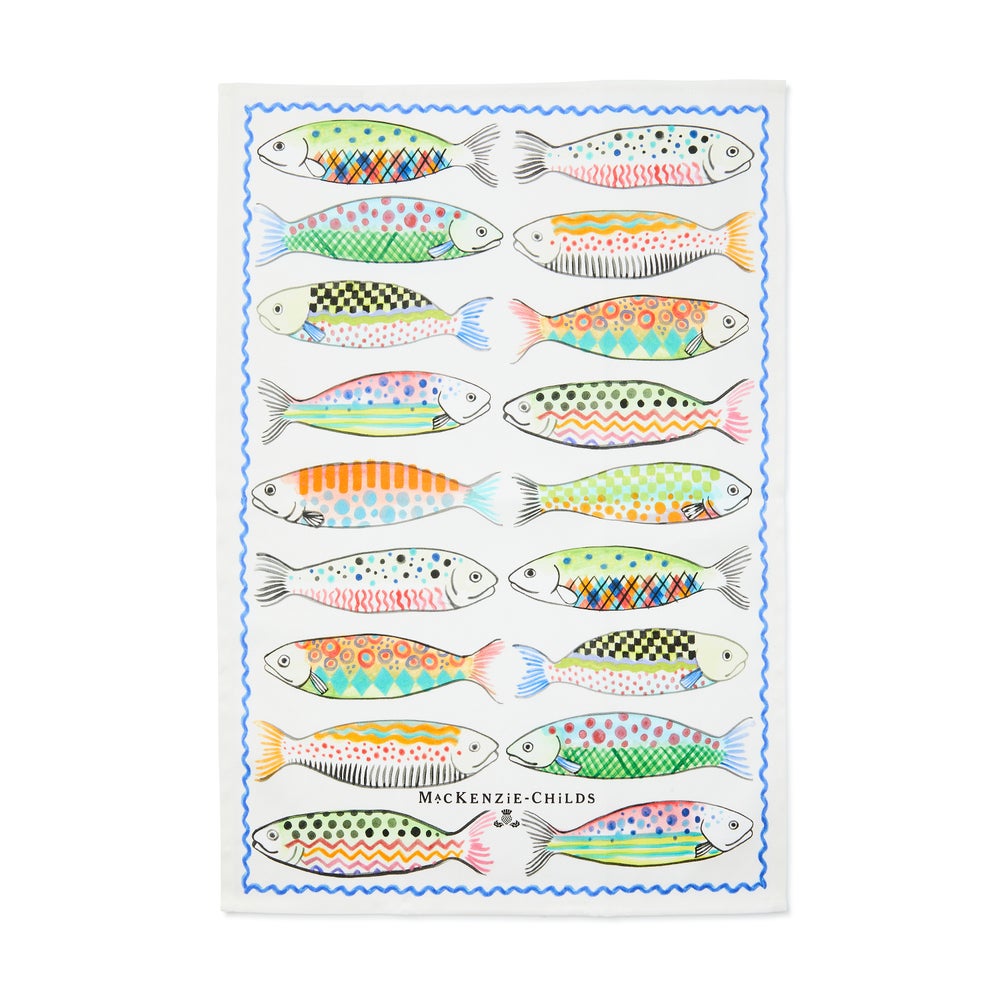 Go Fish printed cotton dish towel featuring a playful fish pattern on an off-white background.