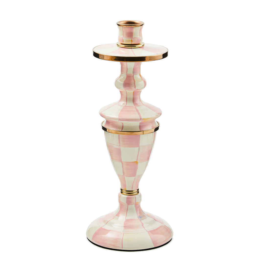 Hand-painted pink and white checkered candlestick with brass accents and a bronzed rim.