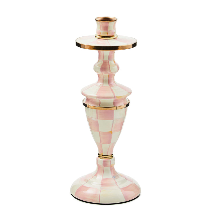 Hand-painted pink and white checkered candlestick with brass accents and a bronzed rim.