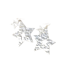 Silver metal double star dangle pierced earrings with a one-inch hoop and a one-point-five-inch tall cross.