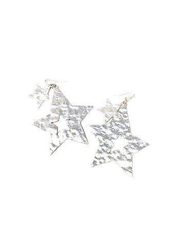 Silver metal double star dangle earrings with a textured finish and star-shaped cutouts.