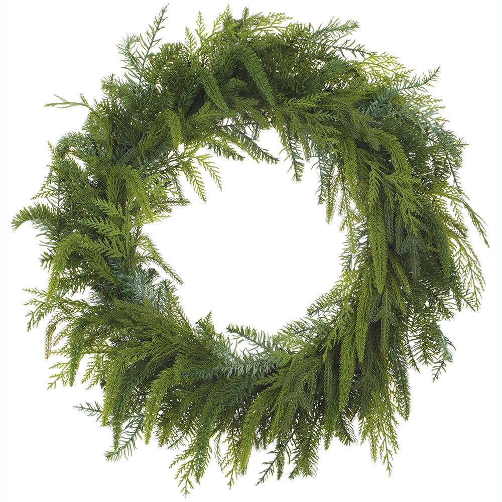 25-inch soft PE cedar and mixed pine green wreath with realistic lush foliage.