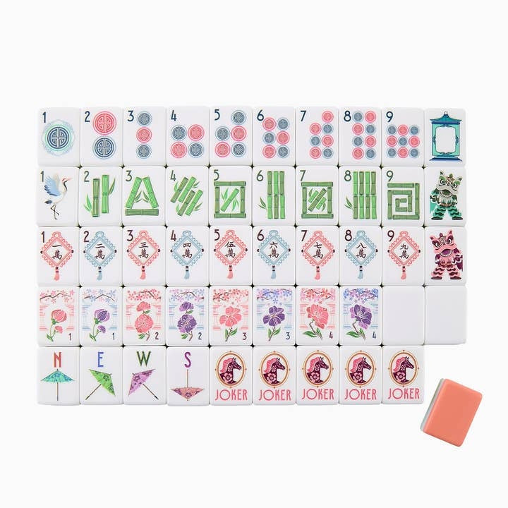 Solara Mahjong Tiles featuring colorful floral, bamboo, and Year of the Horse joker designs.