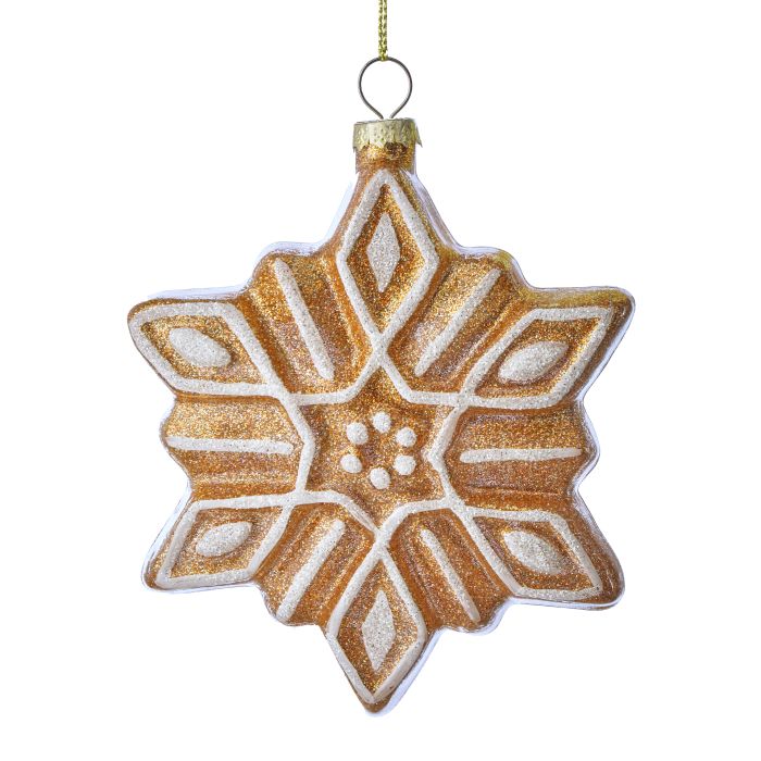 5-inch glass gingerbread snowflake ornament with white frosted detailing and glitter accents.