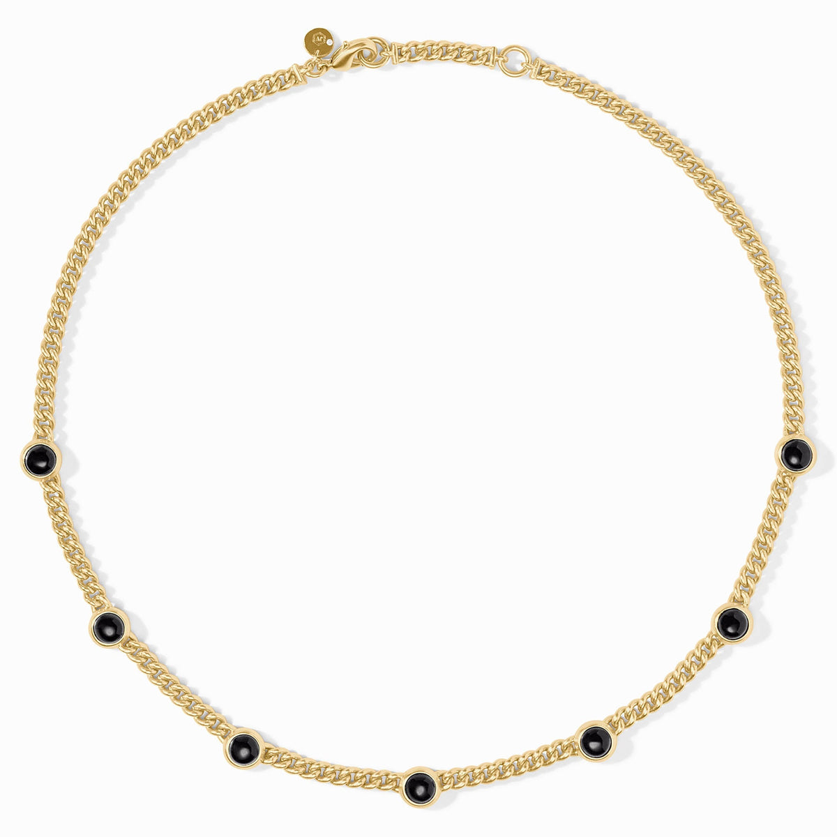 Gold chain necklace with seven circular black glass stations and a lobster clasp.