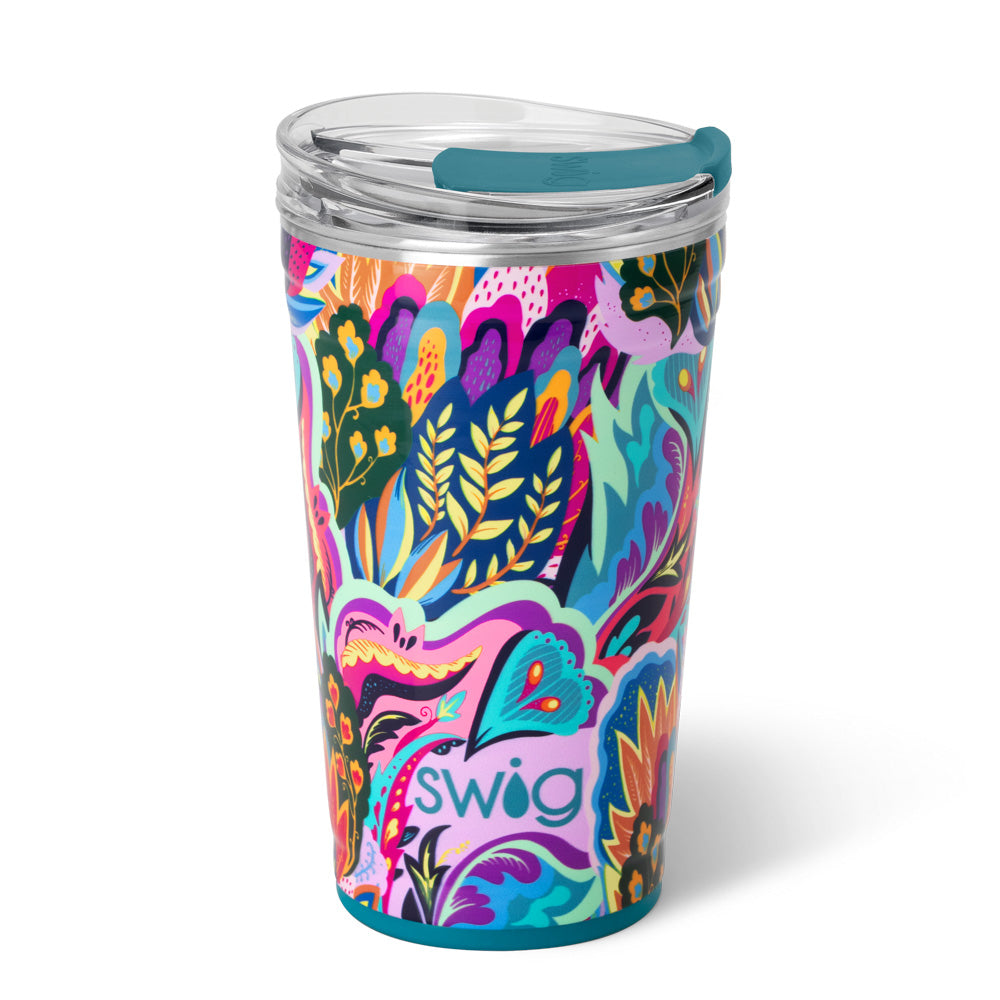 24oz insulated stainless steel party cup with a colorful abstract floral pattern and teal lid.