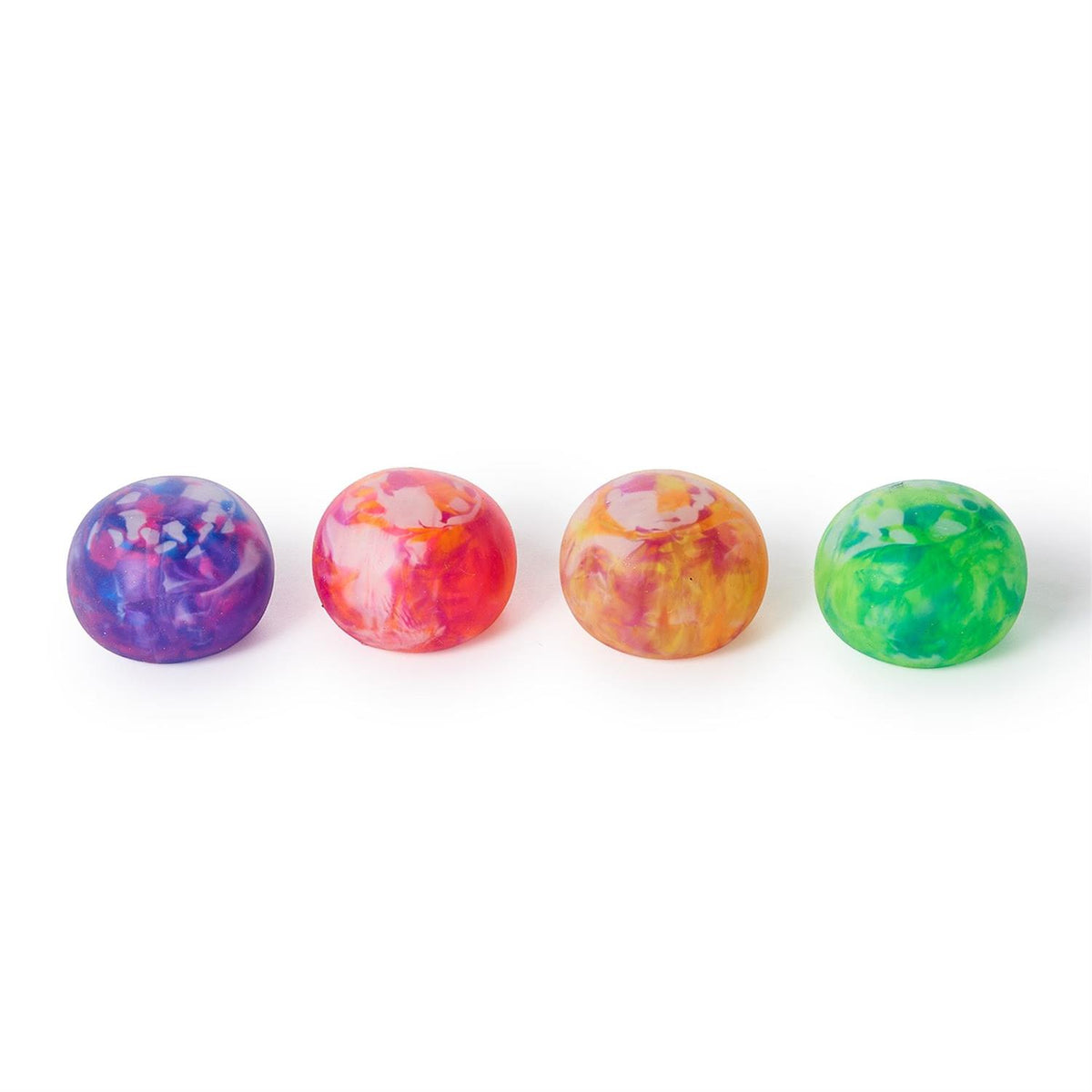 Four marbled stress balls in purple, pink, orange, and green swirls on a white background.